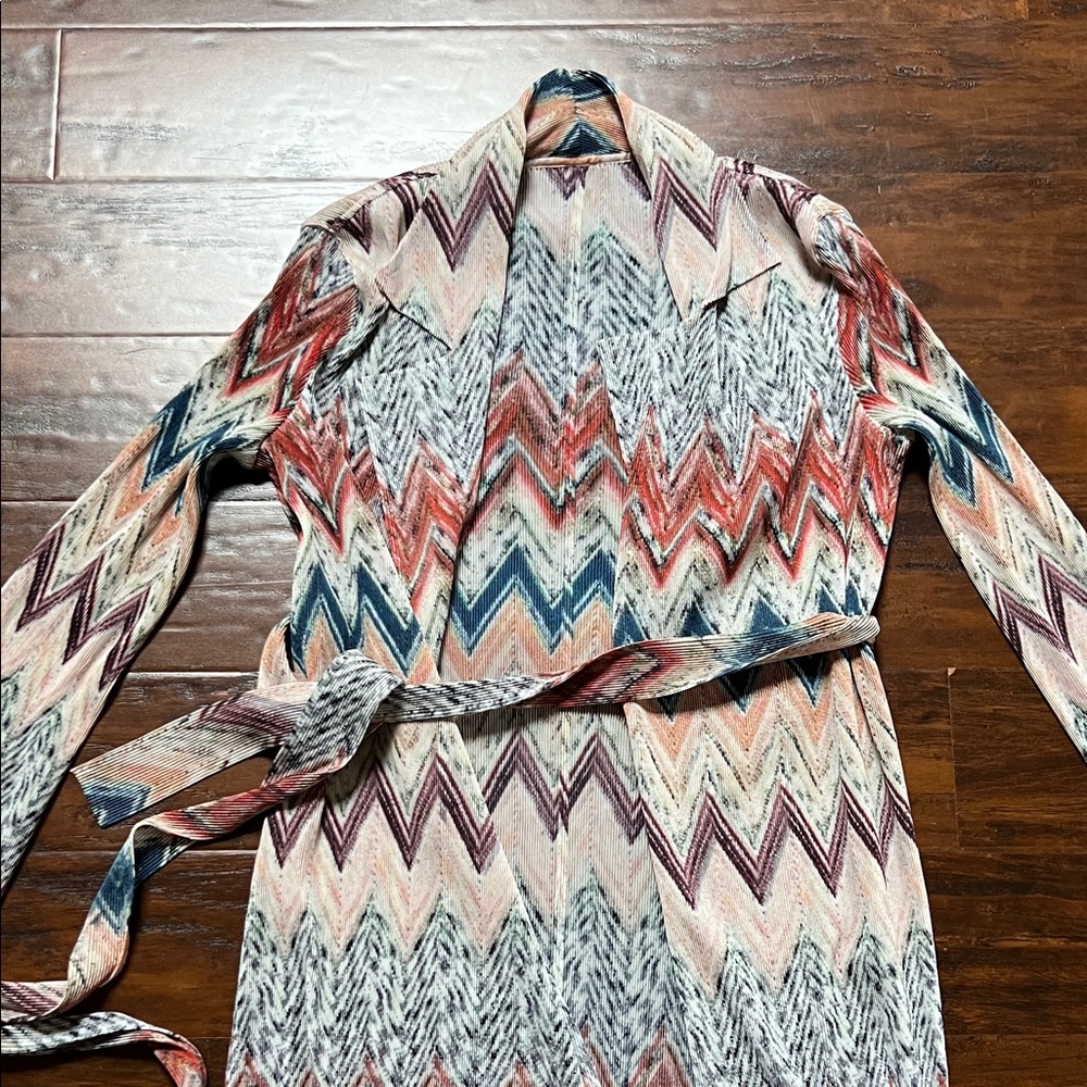 Multi-Color Boho Chevron Pleated Trench Duster Jacket with Belt - One Size - Picture 3 of 15